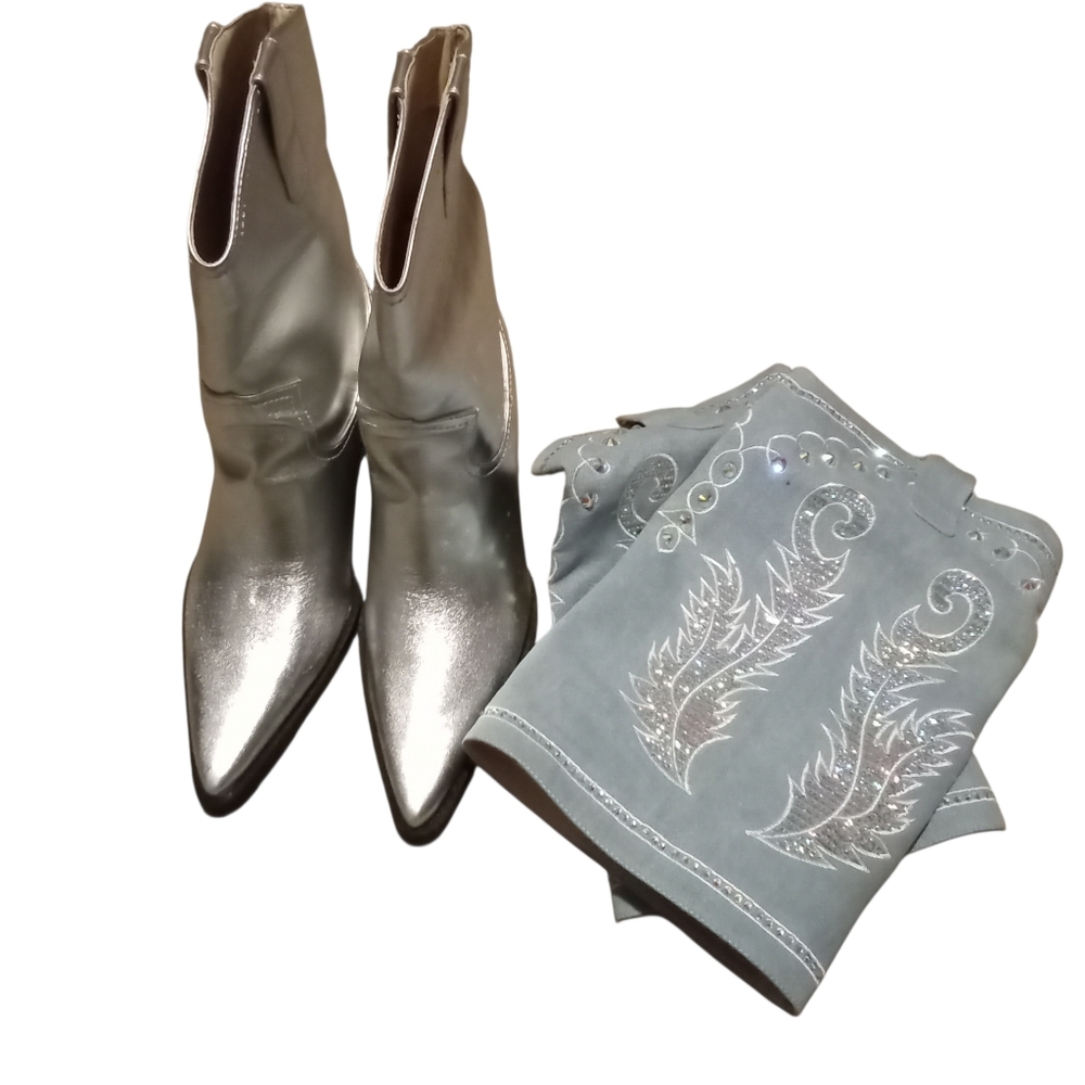 LOIRIT Women's Cowgirl Boots Silver Mid Calf Chunky Heel Boots - NWOB - Picture 6 of 7